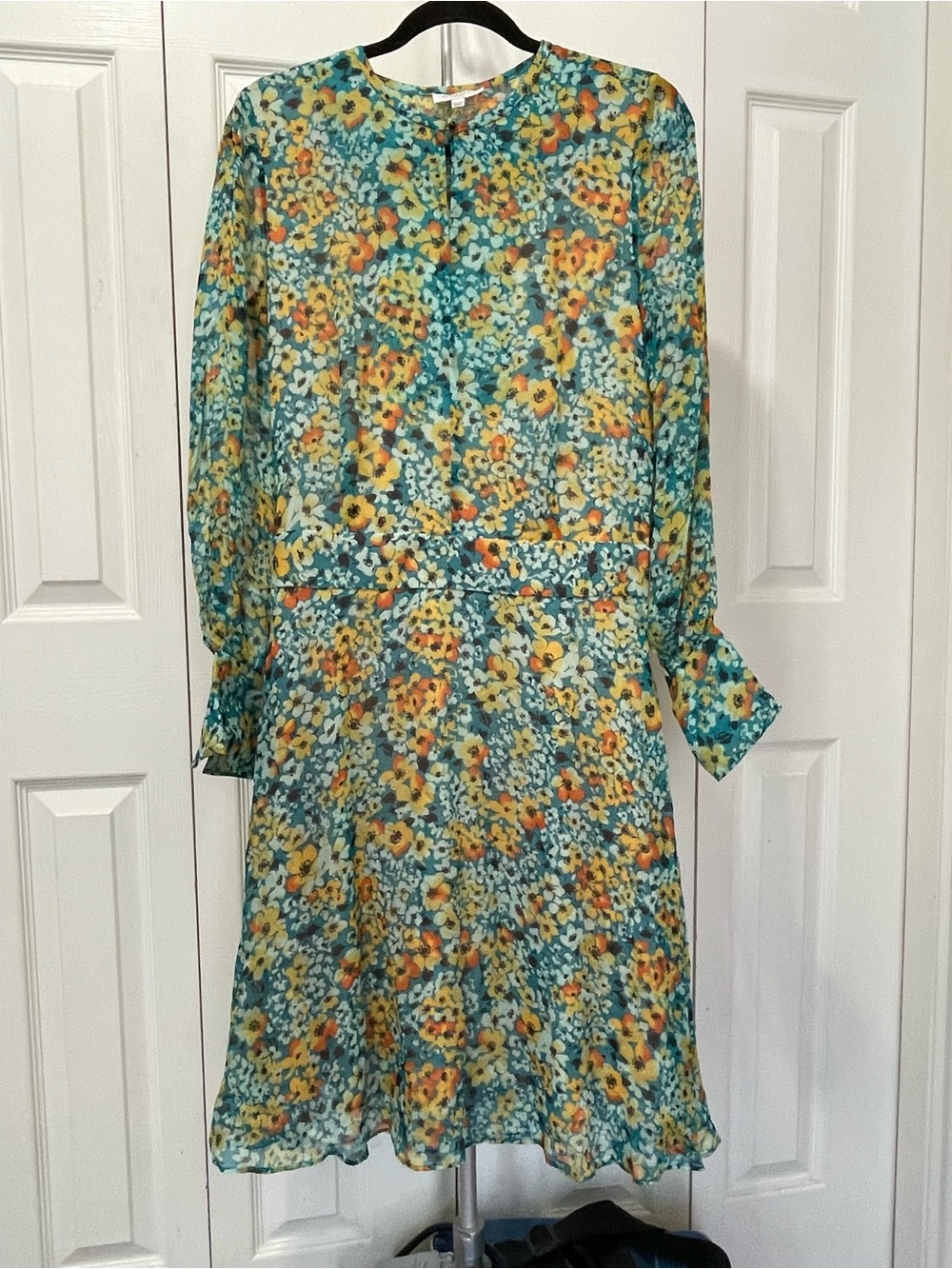 Floral Sheer Long-Sleeve Tea Dress in Teal and Yellow